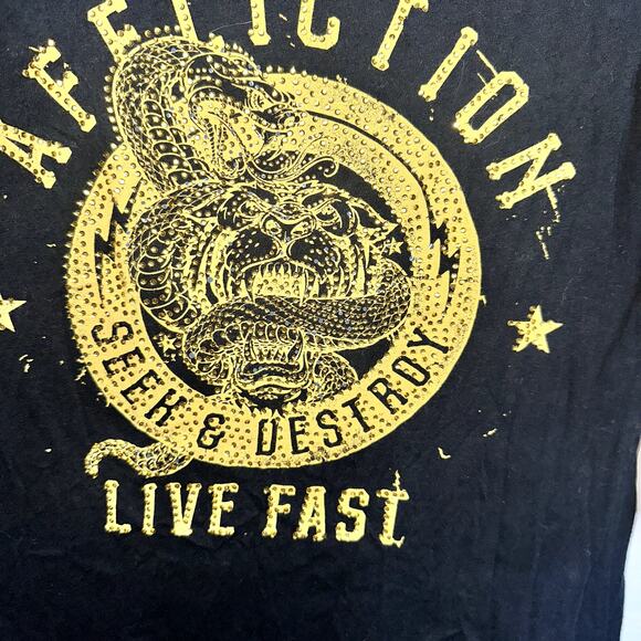 Affliction Women Sz Large Black Yellow Live Fast Studded 3/4 Sleeve VNeck Tshirt - Picture 2 of 6